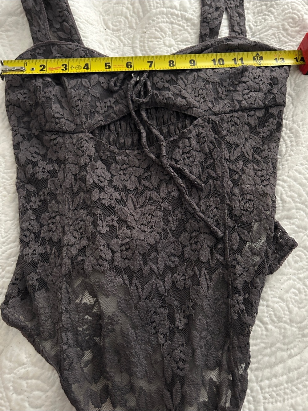 Free People Charcoal Lace Tie-Front Square-Neck Bodysuit Strike A Pose Size M - Picture 9 of 11